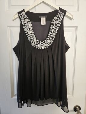 Black Sleeveless Top with Embellished Scoop Neck - Size 18